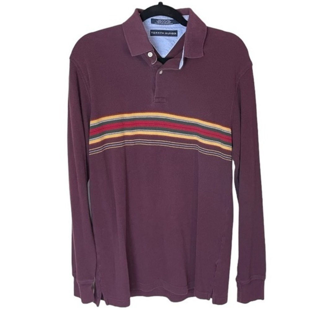 Tommy Hilfiger Vintage Y2K Burgundy with Stripes Long Sleeve Polo Size Medium